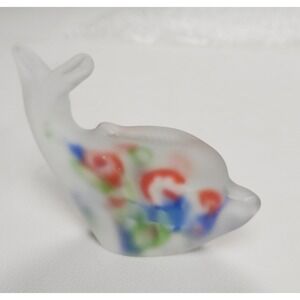 Frosted Art Glass Dolphin Figurine 4" Multicolor Confetti Coastal